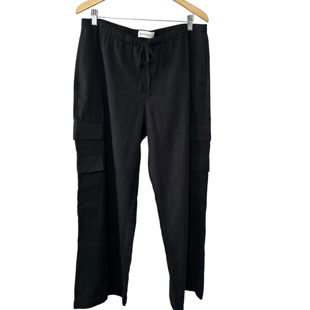 Abercrombie & Fitch Black Cargo Pants L Short Elastic Waist Wide Leg Pockets - Picture 5 of 16
